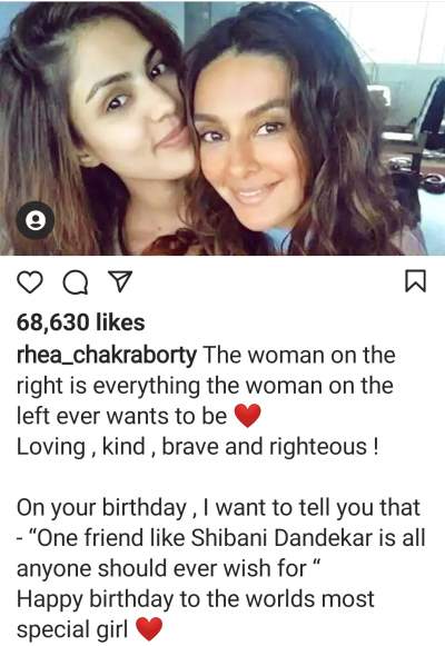 rhea chakraborty has shared a picture of herself with Shibani on her official Instagram