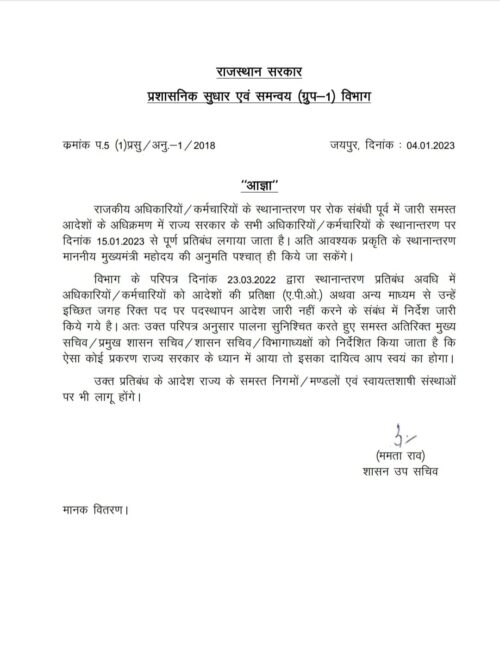 राजस्थान में तबादलों पर रोक के आदेश