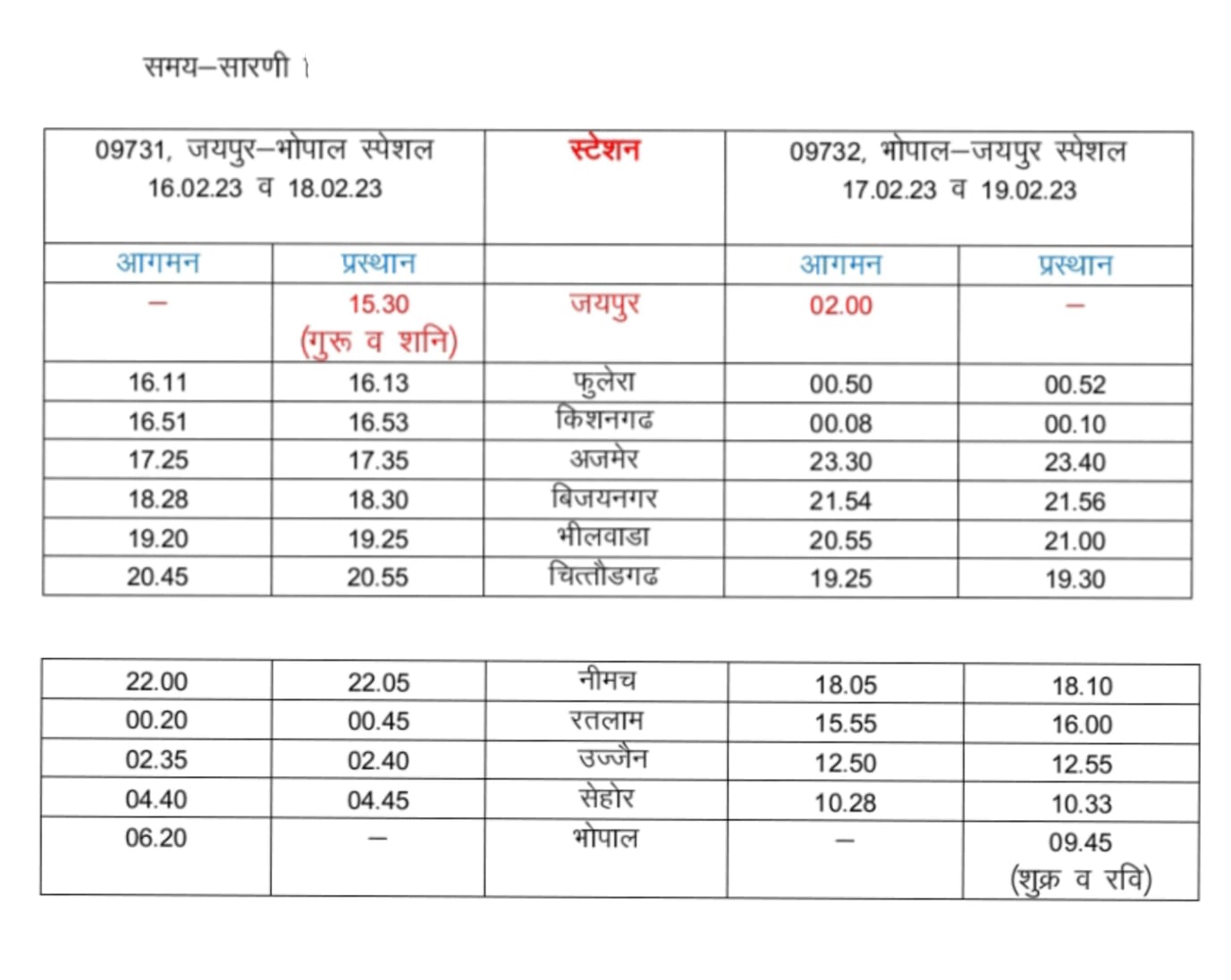 Operation of Jaipur-Bhopal-Jaipur special (02 trips) train service on 16